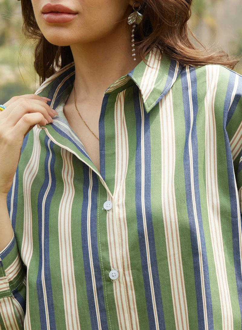 كامبوس سوترا Women's Army Green & Indigo Blue Halo Striped Oversized Shirt