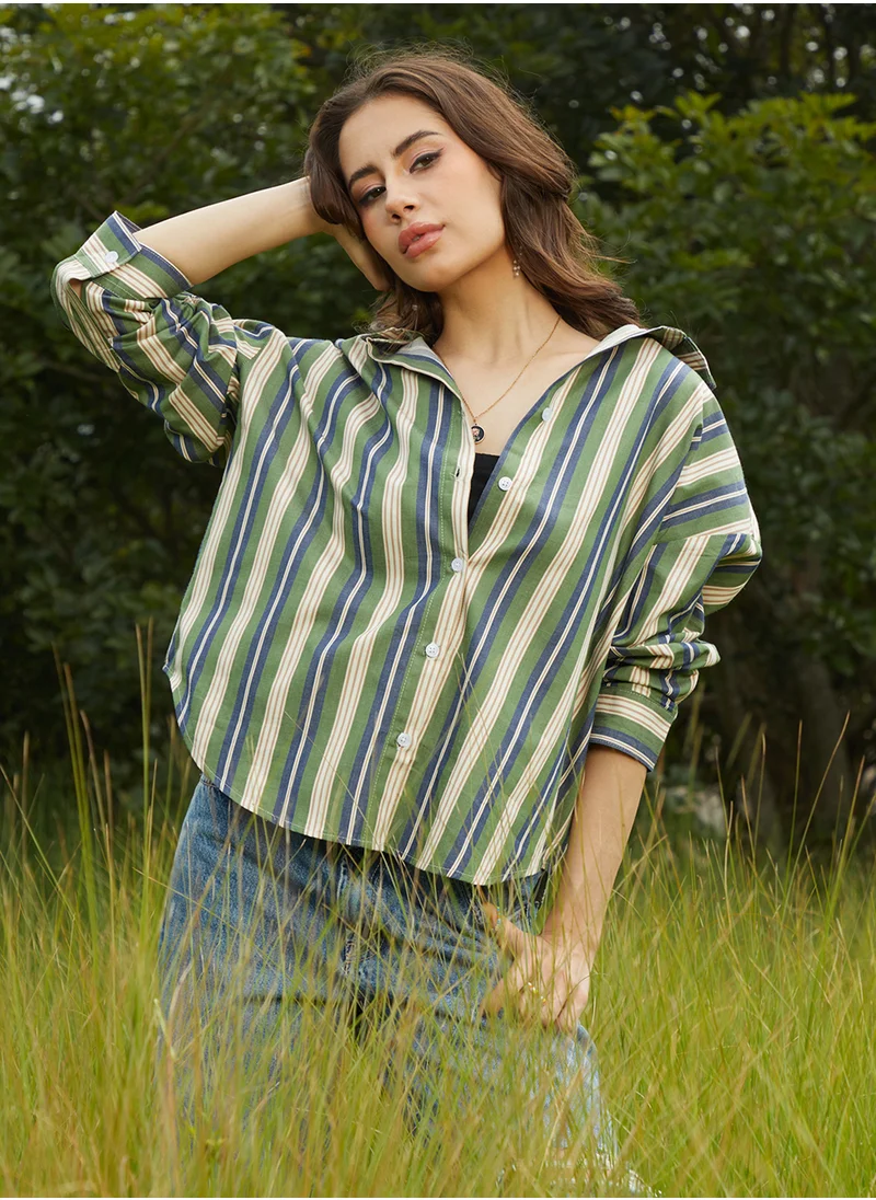Campus Sutra Women's Army Green & Indigo Blue Halo Striped Oversized Shirt