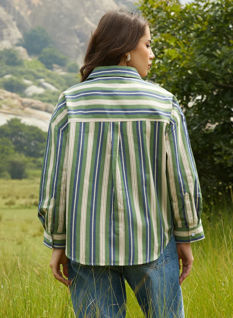 كامبوس سوترا Women's Army Green & Indigo Blue Halo Striped Oversized Shirt