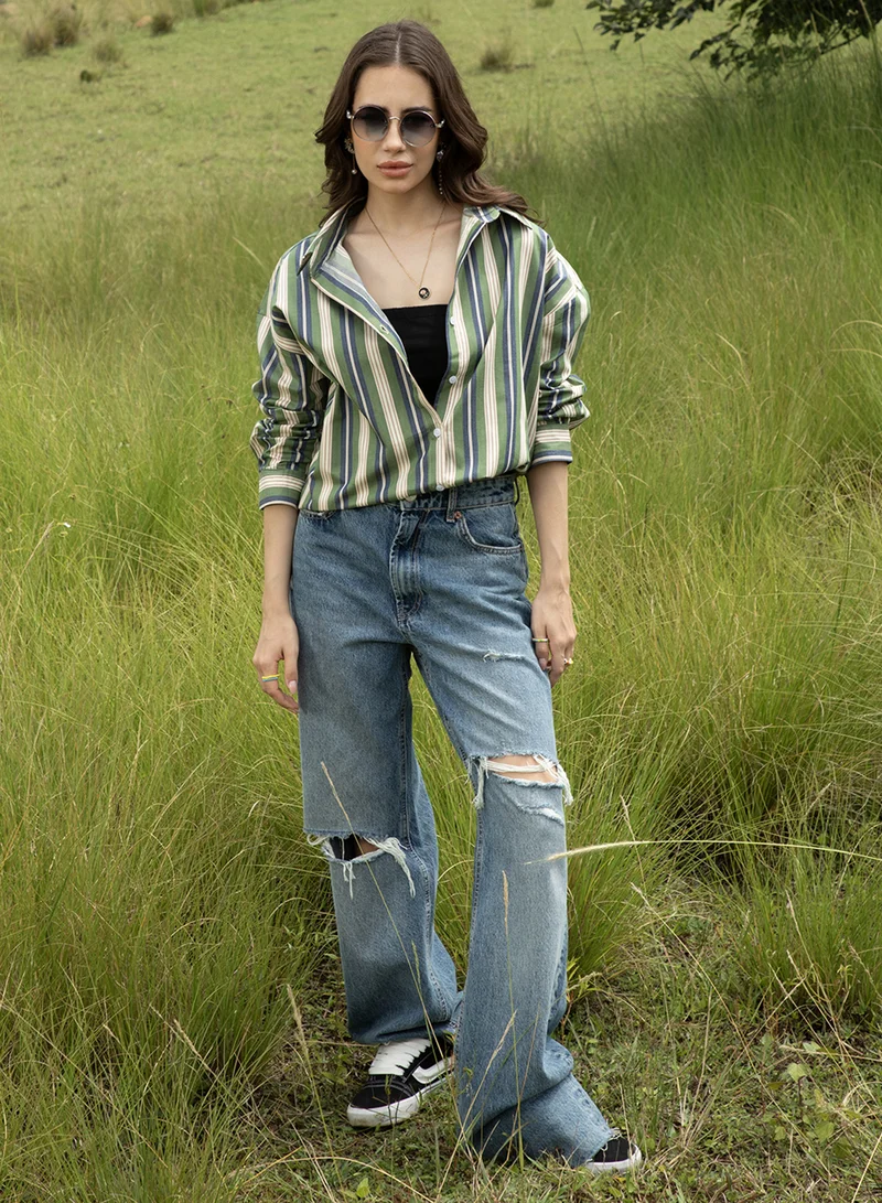 كامبوس سوترا Women's Army Green & Indigo Blue Halo Striped Oversized Shirt