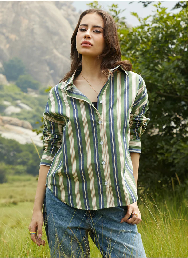 Campus Sutra Women's Army Green & Indigo Blue Halo Striped Oversized Shirt
