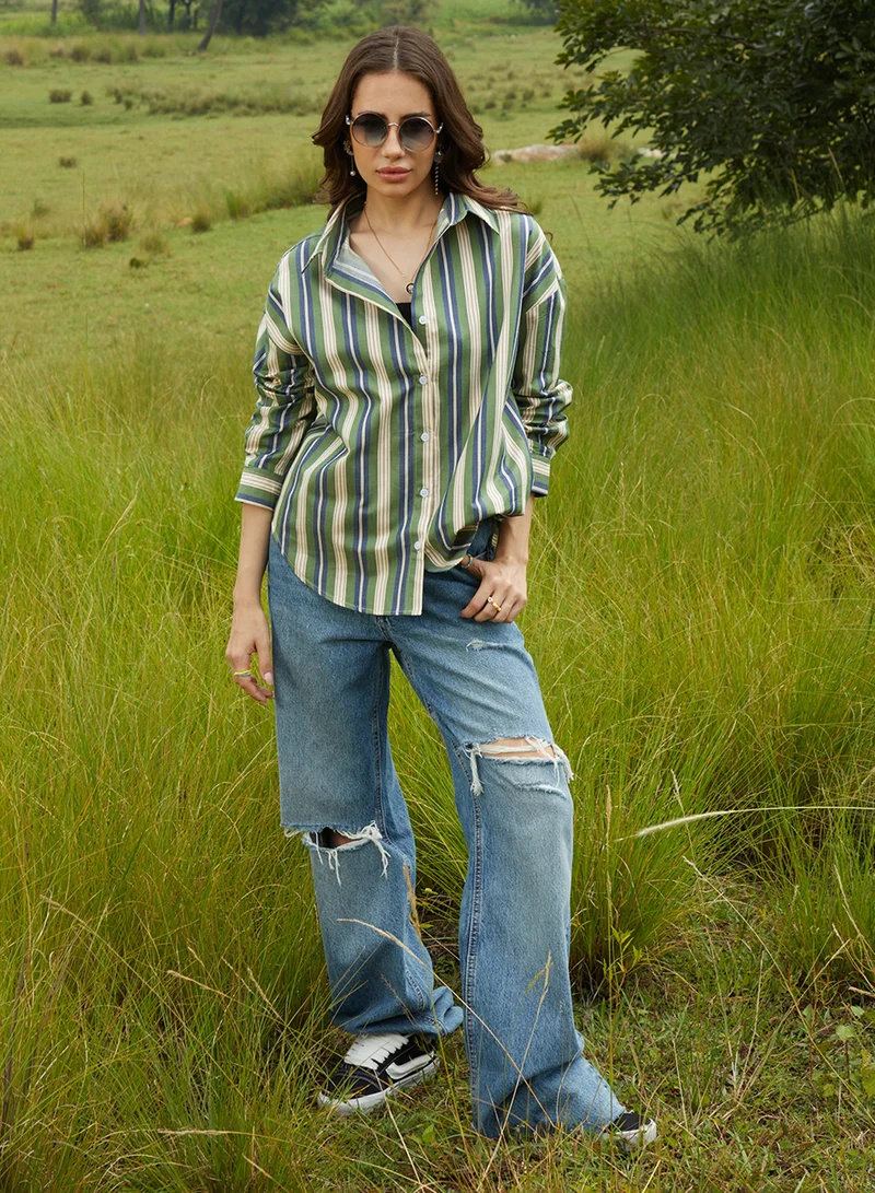 كامبوس سوترا Women's Army Green & Indigo Blue Halo Striped Oversized Shirt