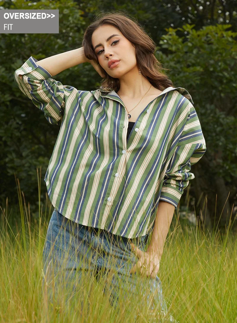 كامبوس سوترا Women's Army Green & Indigo Blue Halo Striped Oversized Shirt