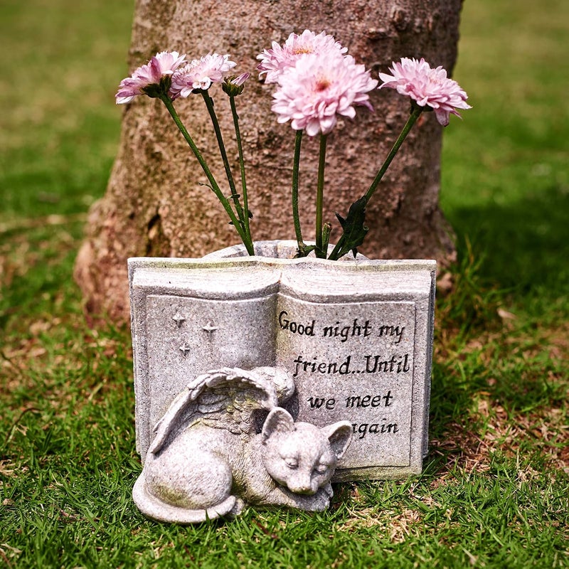Floryden Small Cat Angel Memorial Stones, Sleeping Cat Grave Stone Markers Forever in Our Hearts. Cat Angel Figurine Outdoor Best for Deceased Pet Cat Polyresin, Stone Finish - Image 1