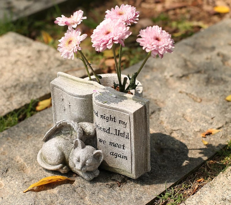 Floryden Small Cat Angel Memorial Stones, Sleeping Cat Grave Stone Markers Forever in Our Hearts. Cat Angel Figurine Outdoor Best for Deceased Pet Cat Polyresin, Stone Finish - Image 4
