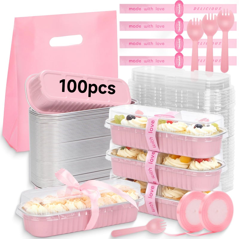 Orlashop 6.8oz Mini Loaf Pans with Lids, 100 Pcs Disposable Rectangular Aluminum Cake Pans, Pink Baking Pans with Lids and Spoons, Includes 20 Pink Gift Bags, Small Cake Tins Ideal for Cakes - Image 1