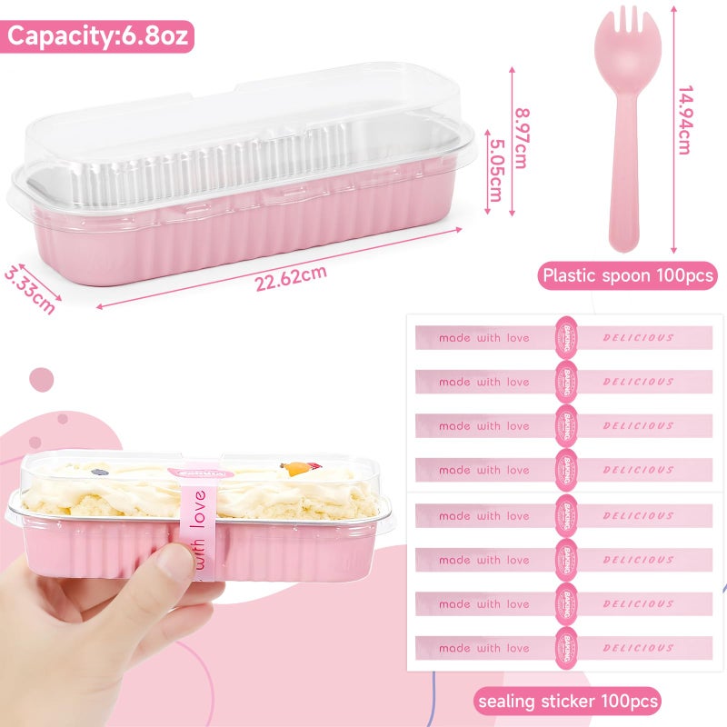 Orlashop 6.8oz Mini Loaf Pans with Lids, 100 Pcs Disposable Rectangular Aluminum Cake Pans, Pink Baking Pans with Lids and Spoons, Includes 20 Pink Gift Bags, Small Cake Tins Ideal for Cakes - Image 3