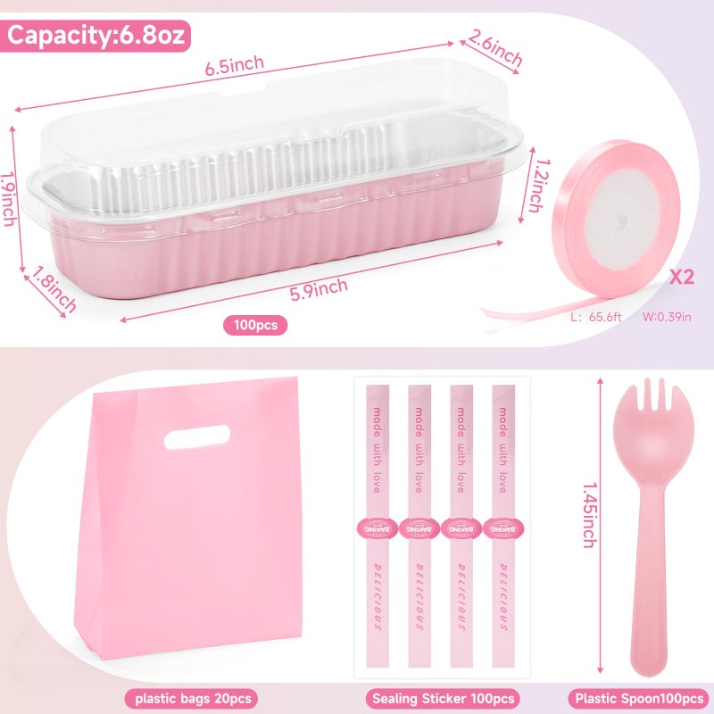 Orlashop 6.8oz Mini Loaf Pans with Lids, 100 Pcs Disposable Rectangular Aluminum Cake Pans, Pink Baking Pans with Lids and Spoons, Includes 20 Pink Gift Bags, Small Cake Tins Ideal for Cakes - Image 2