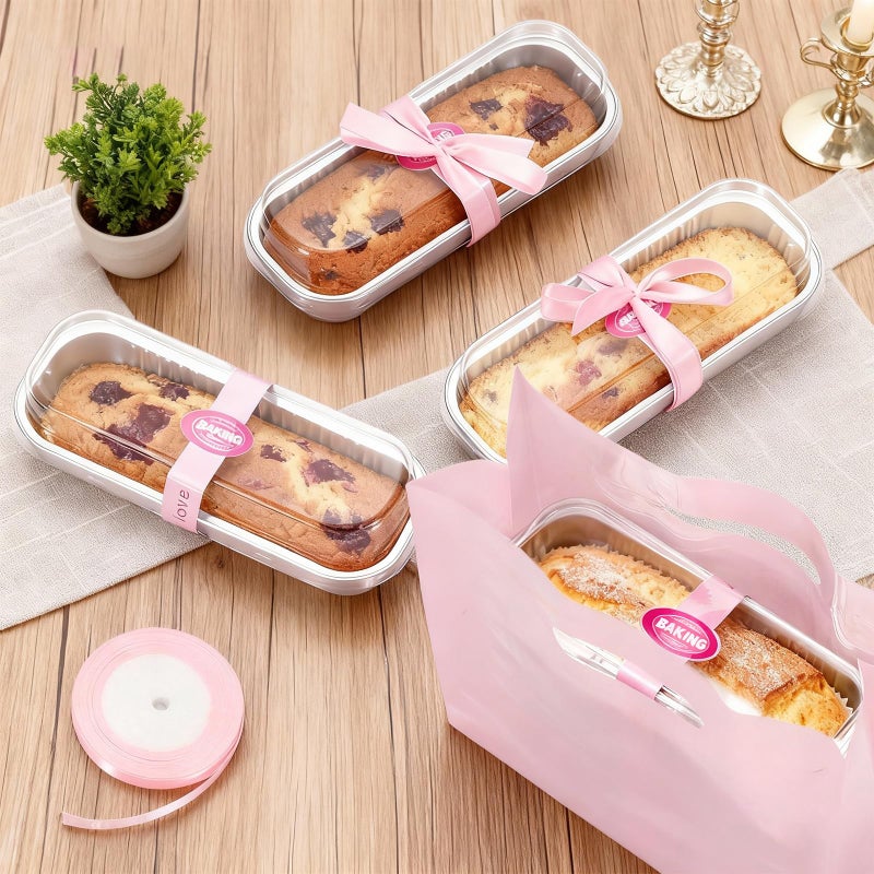 Orlashop 6.8oz Mini Loaf Pans with Lids, 100 Pcs Disposable Rectangular Aluminum Cake Pans, Pink Baking Pans with Lids and Spoons, Includes 20 Pink Gift Bags, Small Cake Tins Ideal for Cakes - Image 4