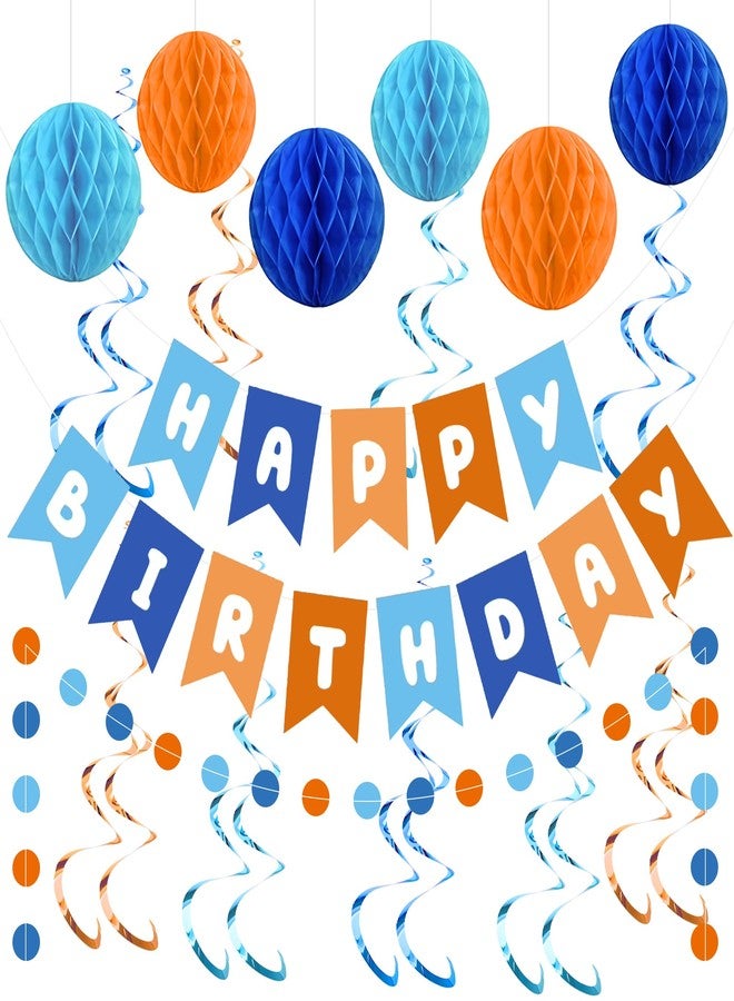 Maniaacer Blue and Orange Party Decorations Happy Birthday Banner Decoration Blue Dog Party Decorations with Hanging Swirls Streamers Honeycomb Balls Circle Dots Garland for Birthdays Party Supplies - Image 1