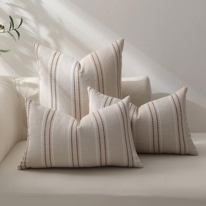 Hckot Rust Throw Pillow Covers 20x20 Set of 2 Striped Fall Pillow Covers Textured Linen Decorative Pillows Square Cushion Covers for Sofa Couch Bed Living Room Farmhouse Decor(Caramel) - Image 2