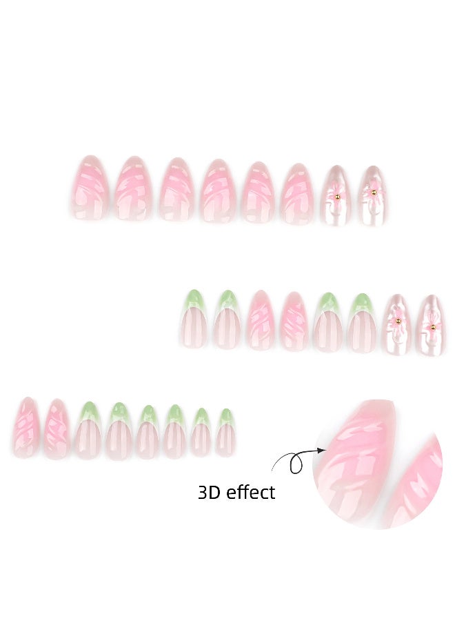 New product! French fresh gradient press - on nails, 3D flower detail, short almond fake nails | Noon Hot Sale​ - Image 2