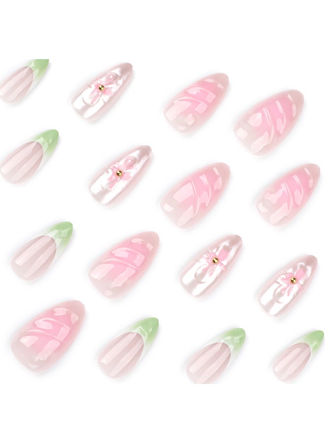 New product! French fresh gradient press - on nails, 3D flower detail, short almond fake nails | Noon Hot Sale​ - Image 3