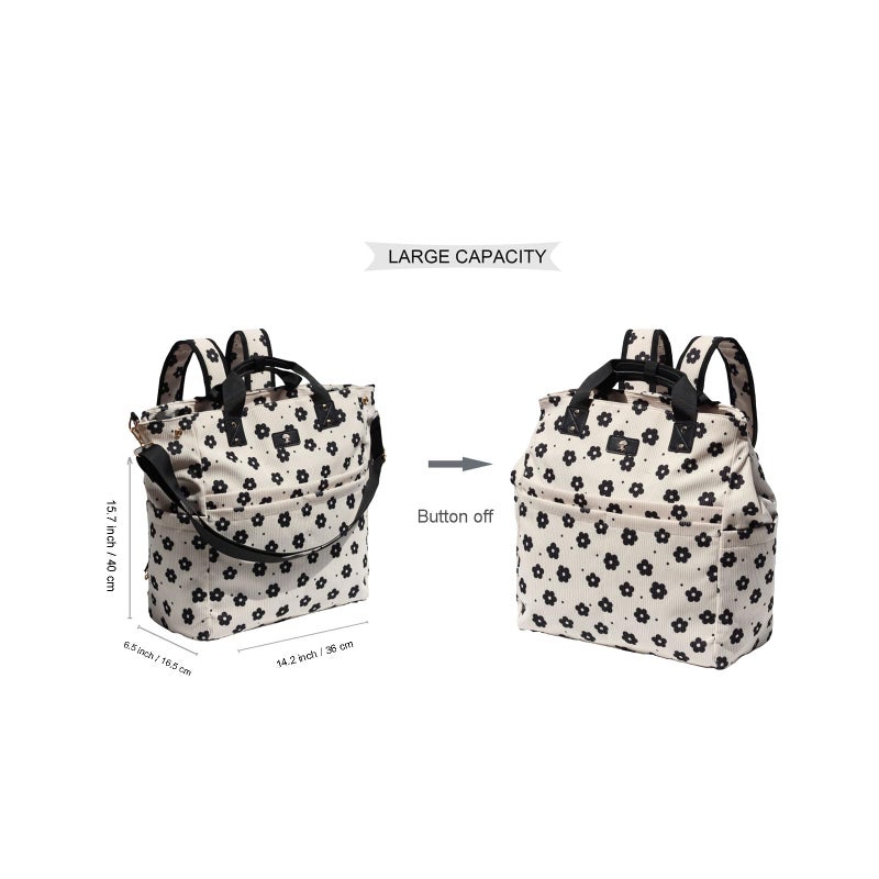 ESVAN Diaper Tote Bag Totepack Backpack Crossbody Bag 3 in 1 for Women Laptop Backpack Multifunctional with Insulated Pockets (Corduroy Black Flower) - Image 2