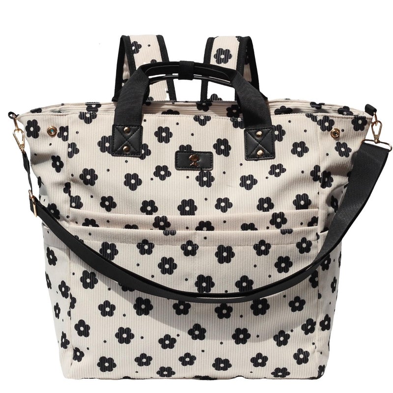 ESVAN Diaper Tote Bag Totepack Backpack Crossbody Bag 3 in 1 for Women Laptop Backpack Multifunctional with Insulated Pockets (Corduroy Black Flower) - Image 1