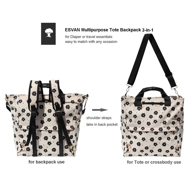 ESVAN Diaper Tote Bag Totepack Backpack Crossbody Bag 3 in 1 for Women Laptop Backpack Multifunctional with Insulated Pockets (Corduroy Black Flower) - Image 4