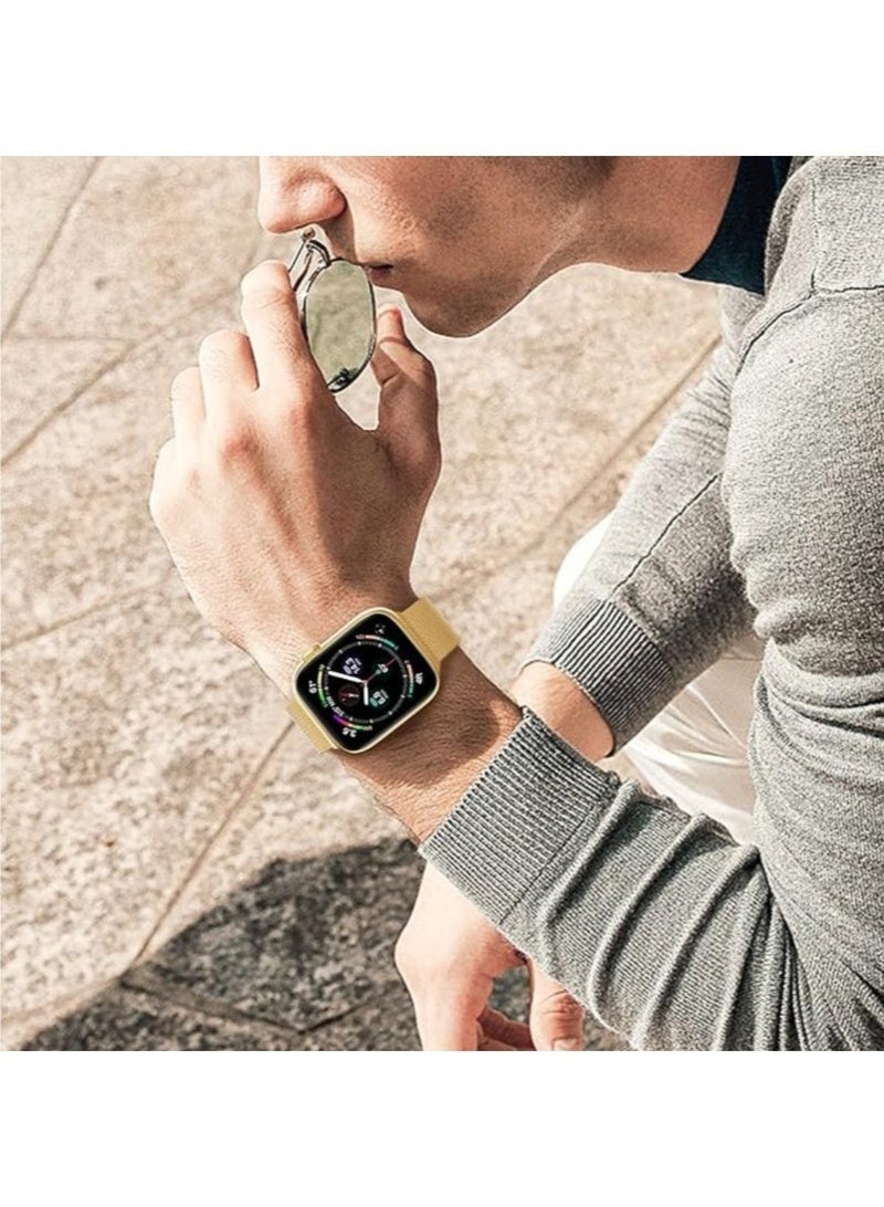 سوار ميلانو متوافق مع Apple Watch 49mm 45mm 44mm 42mm، سوار شبكي من الفولاذ المقاوم للصدأ بمشبك مغناطيسي مزدوج لسلسلة iWatch 11 10 9 8 7 6 5 4 SE Ultra، قابل للتعديل وقابل للتنفس، ذهبي - Image 4