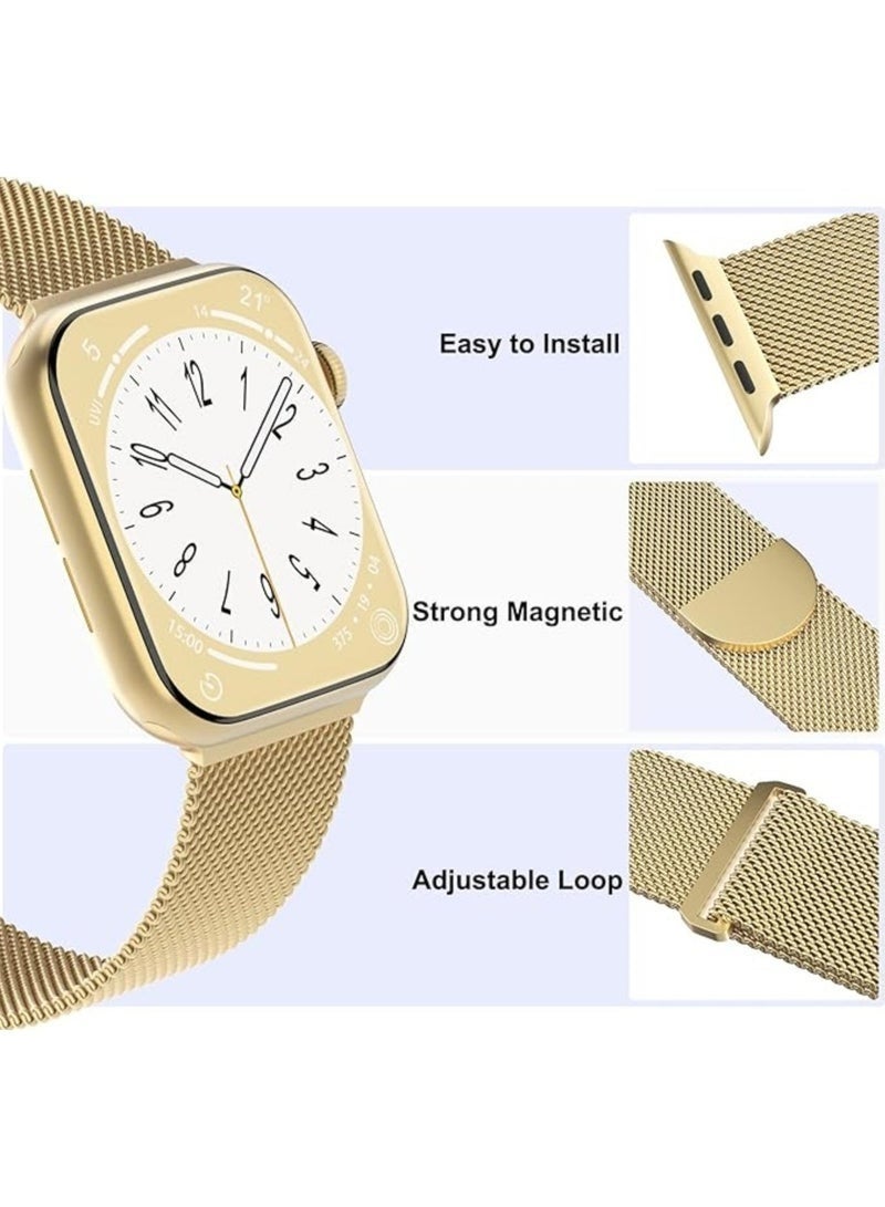 سوار ميلانو متوافق مع Apple Watch 49mm 45mm 44mm 42mm، سوار شبكي من الفولاذ المقاوم للصدأ بمشبك مغناطيسي مزدوج لسلسلة iWatch 11 10 9 8 7 6 5 4 SE Ultra، قابل للتعديل وقابل للتنفس، ذهبي - Image 3