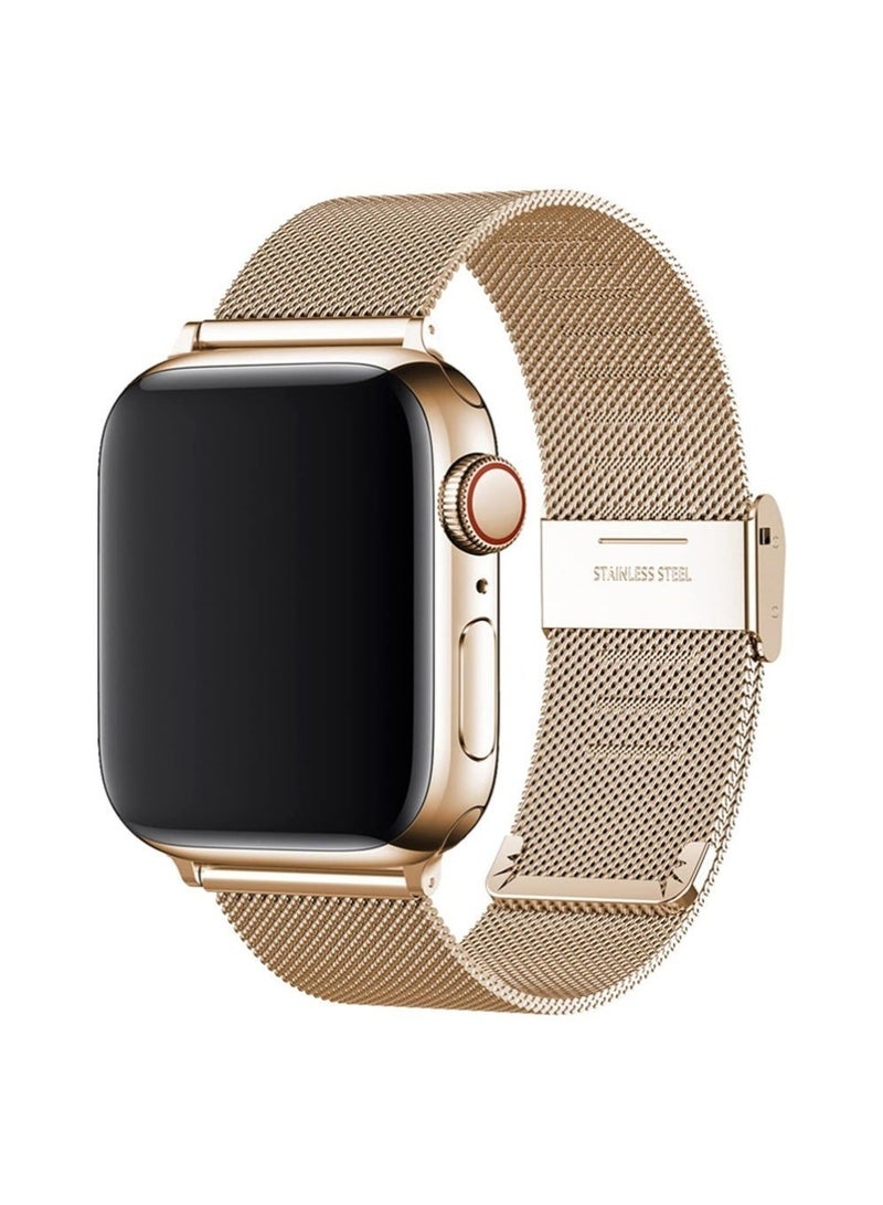 سوار ميلانو متوافق مع Apple Watch 49mm 45mm 44mm 42mm، سوار شبكي من الفولاذ المقاوم للصدأ بمشبك مغناطيسي مزدوج لسلسلة iWatch 11 10 9 8 7 6 5 4 SE Ultra، قابل للتعديل وقابل للتنفس، ذهبي - Image 2