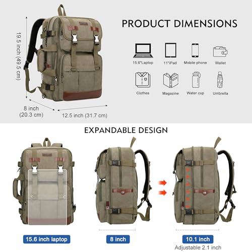 WITZMAN Canvas Travel Backpack for Men Large Laptop Backpack Fit 17 inch Carry-on Airline Approved Convertible Shoulder Rucksack(A6617-3 Army Green) - Image 3