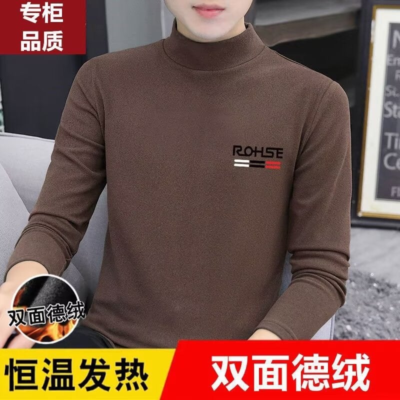 Mock Collar Base Shirt Men'S Mid-Collar Long-Sleeved T-Shirt Sweater Scrub Autumn Clothes Double-Sided Velvet Top Thermal Underwear - Image 1