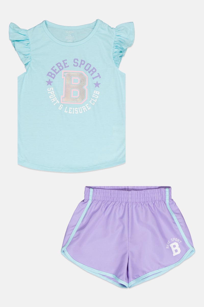 bebe Kids Girl 2 Pcs Brand Logo Training T-Shirt And Short Set, Multicolor - Image 2