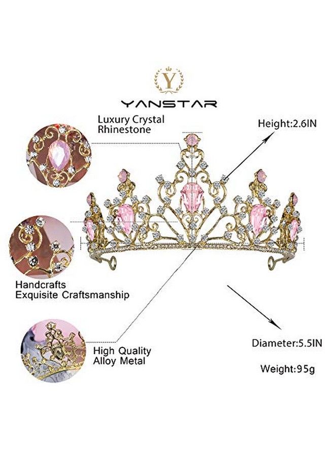 yanstar Pink Princess Tiaras For Girls Gold Crystal Birthday Crown Headband For Toddler Little Girl Big Kid Girl Prom Costume Party - Image 5