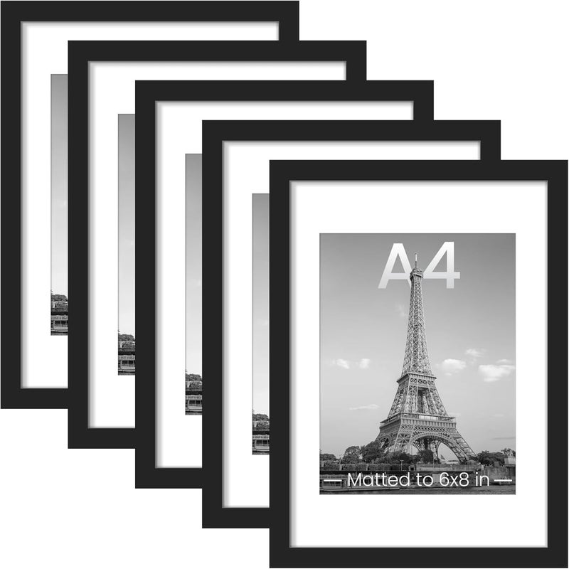 أبس سيمبلز مجموعة إبسيمبلز من 5 إطارات صور مقاس A4، لعرض صور 6x8 مع حشوة أو 8.3x11.7 بدون حشوة، إطارات ملصقات جدارية للمعرض، باللون الأسود - Image 1