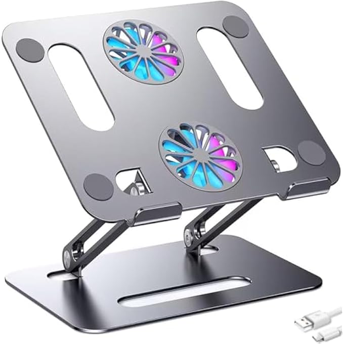 rayihni LAPTOP STAND WITH FAN COOLING | FOLDABLE HOLDER FOR 12" 14" 15" 16" TABLET MACBOOK & PRO, MAC, SURFACE | POWERFUL LAPTOP COOLER STAND FOR WORKING, GAMING, DJ | GREY ALUMINUM BREATHABLE TRAY - Image 1
