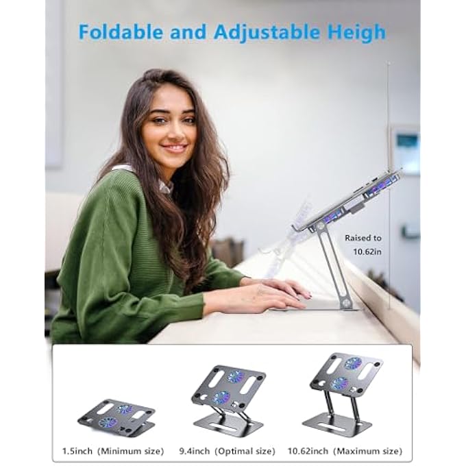 rayihni LAPTOP STAND WITH FAN COOLING | FOLDABLE HOLDER FOR 12" 14" 15" 16" TABLET MACBOOK & PRO, MAC, SURFACE | POWERFUL LAPTOP COOLER STAND FOR WORKING, GAMING, DJ | GREY ALUMINUM BREATHABLE TRAY - Image 3