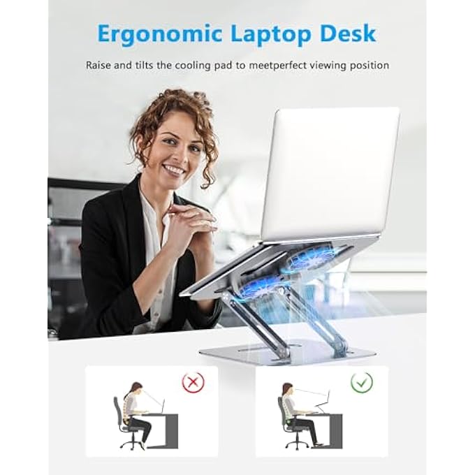 rayihni LAPTOP STAND WITH FAN COOLING | FOLDABLE HOLDER FOR 12" 14" 15" 16" TABLET MACBOOK & PRO, MAC, SURFACE | POWERFUL LAPTOP COOLER STAND FOR WORKING, GAMING, DJ | GREY ALUMINUM BREATHABLE TRAY - Image 2