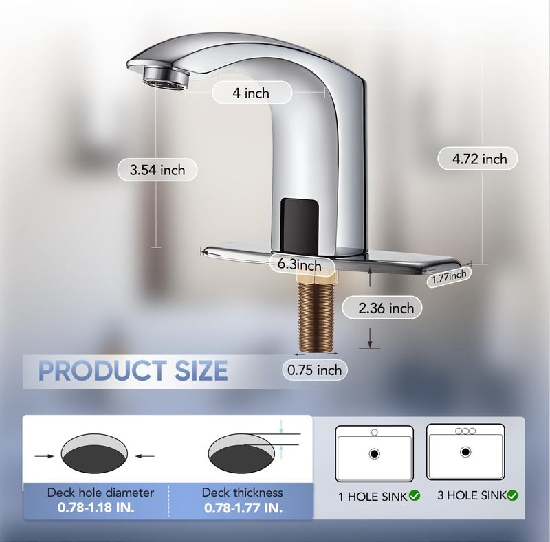HOOMEE Automatic Touchless Bathroom Sink Faucet Sensor Motion Activated Commercial Faucets Hands Free Infrared Residential Elegant Basin Tap with Deck Plate Water Mixer Valve Control Box (Chrome) - Image 5