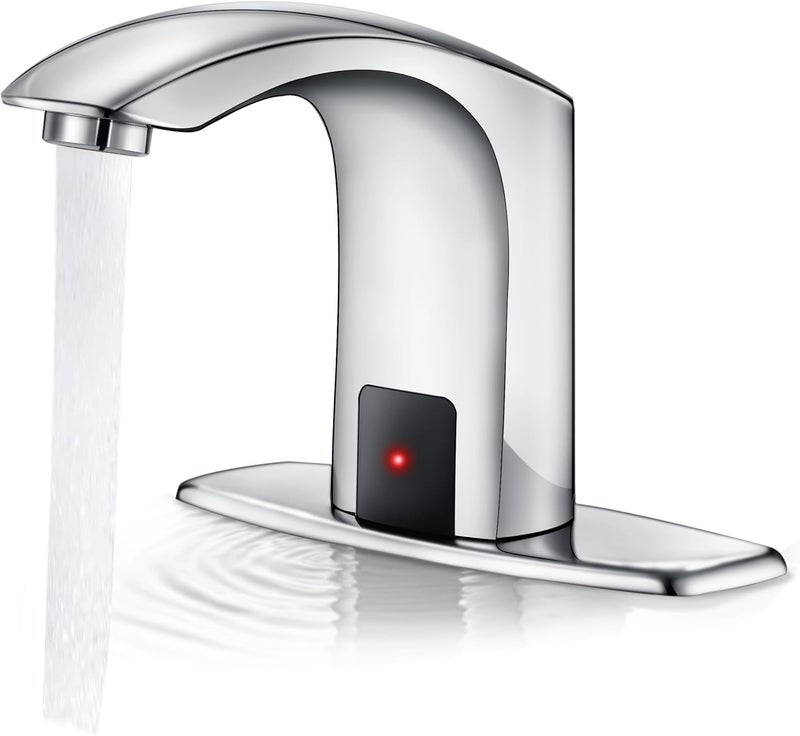 HOOMEE Automatic Touchless Bathroom Sink Faucet Sensor Motion Activated Commercial Faucets Hands Free Infrared Residential Elegant Basin Tap with Deck Plate Water Mixer Valve Control Box (Chrome) - Image 1