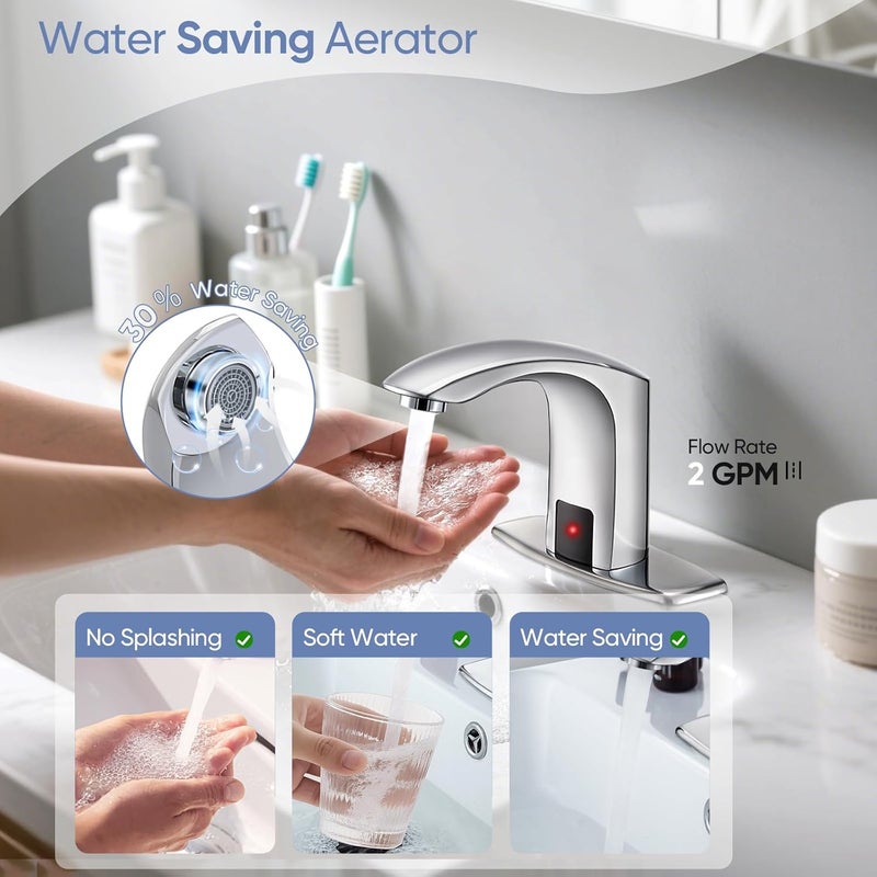 HOOMEE Automatic Touchless Bathroom Sink Faucet Sensor Motion Activated Commercial Faucets Hands Free Infrared Residential Elegant Basin Tap with Deck Plate Water Mixer Valve Control Box (Chrome) - Image 2