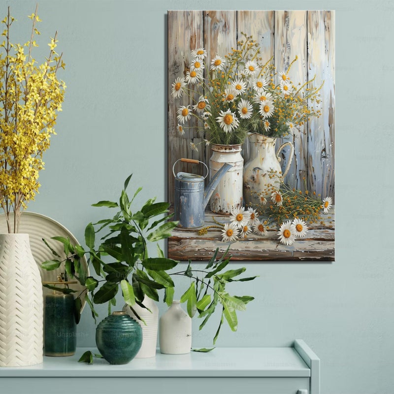 HYFBH Framed Rustic Farmhouse Floral Daisy Canvas Wall Art, Farmhouse Bathroom Decor Wall Art Prints Rustic White Daisy Flower Bedroom Pictures Country Flower Wall Decor for Living Room 12x16inch - Image 2