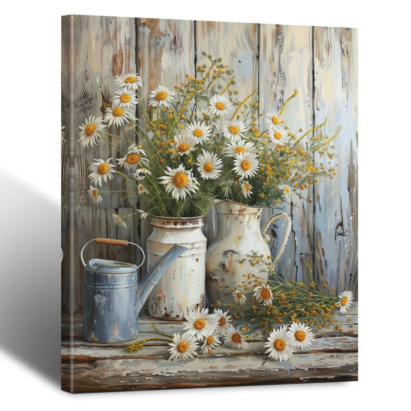 HYFBH Framed Rustic Farmhouse Floral Daisy Canvas Wall Art, Farmhouse Bathroom Decor Wall Art Prints Rustic White Daisy Flower Bedroom Pictures Country Flower Wall Decor for Living Room 12x16inch - Image 1