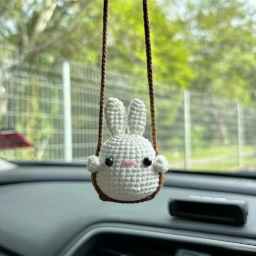 FOWSEEK Crochet Swinging Bunny Car Mirror Hanging Accessories Cute Car Decorations for Women Aesthetic Handmade Knitted Rearview Mirror Car Accessories Home Office Car Mirror Decor - Image 1