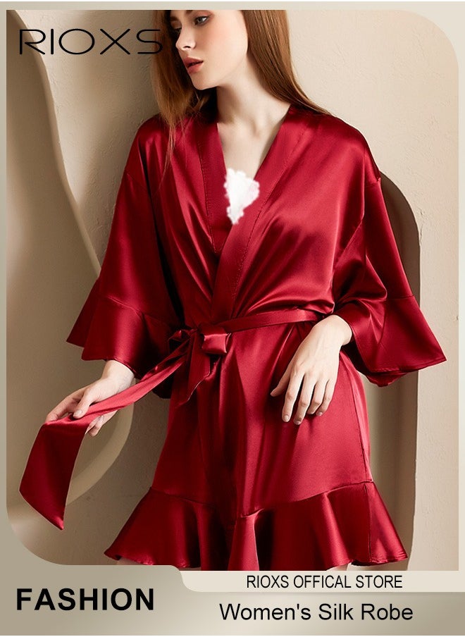RIOXS - Women's Silky Satin Short Robe with Adjustable Tie and 3/4 Sleeves, Skin-friendly Lightweight Kimono Bathrobe with Above-knee Length, Stylish Comfortable Sleepwear, Perfect for Wedding Day, Pajamas Party, Daily Life Wear and Spa - Image 1
