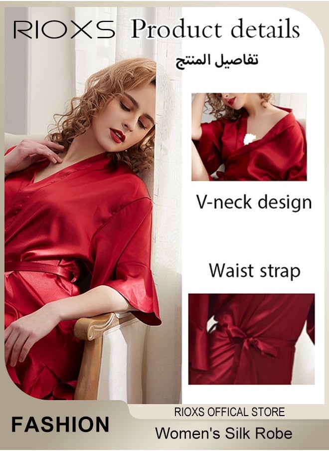 RIOXS - Women's Silky Satin Short Robe with Adjustable Tie and 3/4 Sleeves, Skin-friendly Lightweight Kimono Bathrobe with Above-knee Length, Stylish Comfortable Sleepwear, Perfect for Wedding Day, Pajamas Party, Daily Life Wear and Spa - Image 1