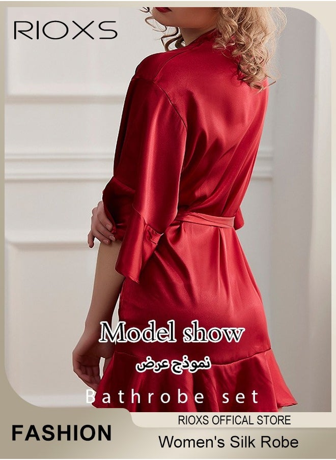 RIOXS - Women's Silky Satin Short Robe with Adjustable Tie and 3/4 Sleeves, Skin-friendly Lightweight Kimono Bathrobe with Above-knee Length, Stylish Comfortable Sleepwear, Perfect for Wedding Day, Pajamas Party, Daily Life Wear and Spa - Image 1