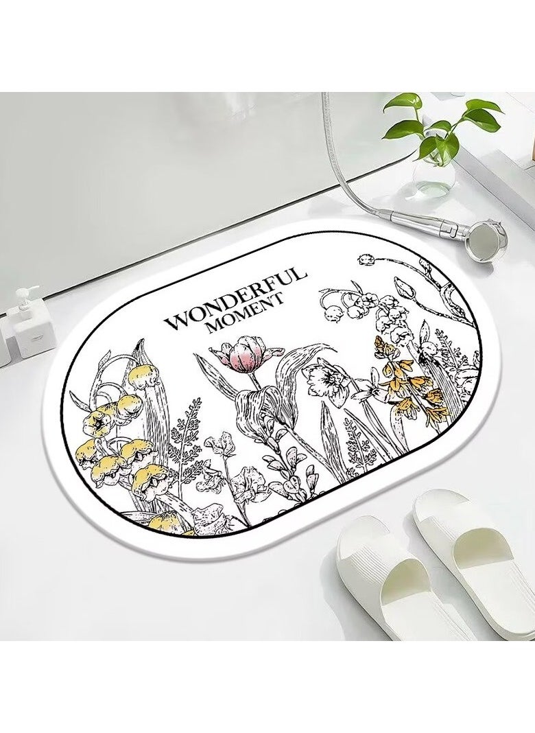 LESTER LESTER Water Absorbant Non-Slip Bathroom Mat, Quick Drying Bathroom Carpet, Non-Slip Entrance Doormat Diatom Leather Skin Floor Mats Home Decor Set Mat Oval Shape Wonderful Moment Flowers Design White Color  50x80cm 