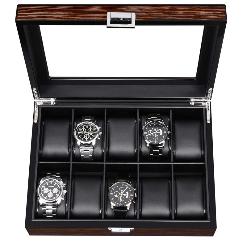 BEWISHOME Watch Box 10 Slot Luxury Wooden Watch Cases for Men Watch Storage with Real Glass Top Mens Watch Organizer Holder with Removable Pillows Smooth Faux Leather Interior Brown SSH10Y