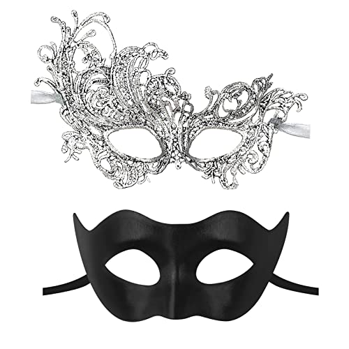 IncreDecor Couple Masquerade Lace Mask Set, Fit for Women & Men Venetian Halloween Masks, Specially for Costume, Mardi Gras (Black Silver Couples) - Image 1