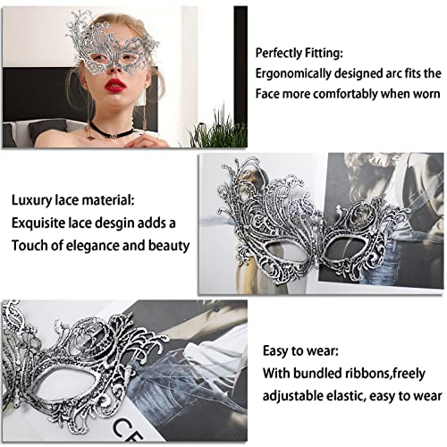 IncreDecor Couple Masquerade Lace Mask Set, Fit for Women & Men Venetian Halloween Masks, Specially for Costume, Mardi Gras (Black Silver Couples) - Image 2