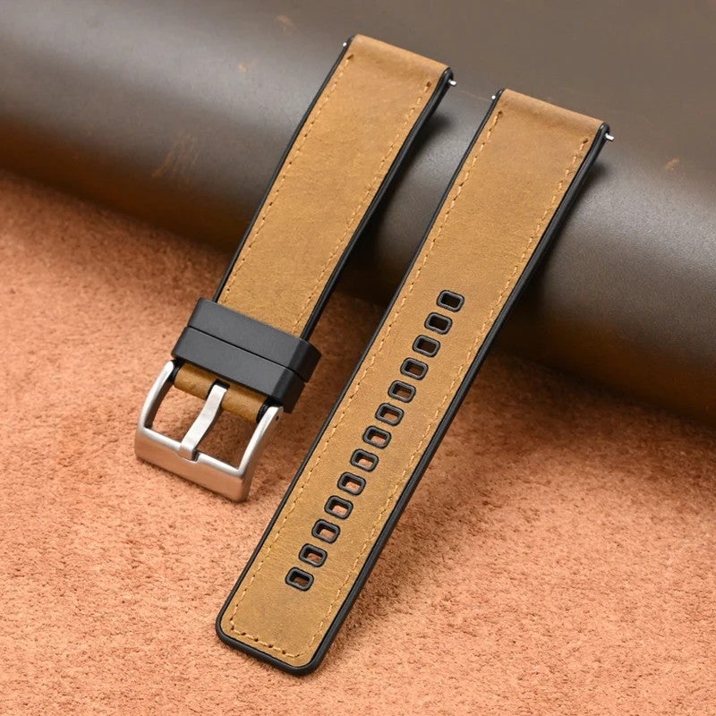 Bluejw Quick Release Thick Crazy Horse Leather & Breathable Silicone Hybrid Watch Band Replacement Strap for Men and Women – Easy to Replace the Watch Strap - Image 1