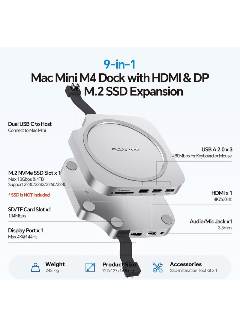 Mac Mini M4 Dock Stand with DP 4K 144Hz & HDMI 4K 60Hz, Mac Mini M4 Pro Hub with 4TB NVMe SSD Enclosure (SSD NOT Included), 3 USB A 2.0, SD/TF 3.0, 3.5mm Audio/Mic, USB C Hub for MacMini 2024 - Image 4