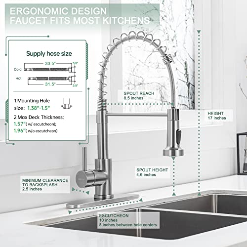 WEWE Kitchen Faucets, Brushed Nickel Kitchen Faucet with Pull Down Sprayer, Industrial Spring Single Handle Stainless Steel Kitchen Sink Faucet with Deck Plate, 1 Hole or 3 Hole for Laundry Rv - Image 2