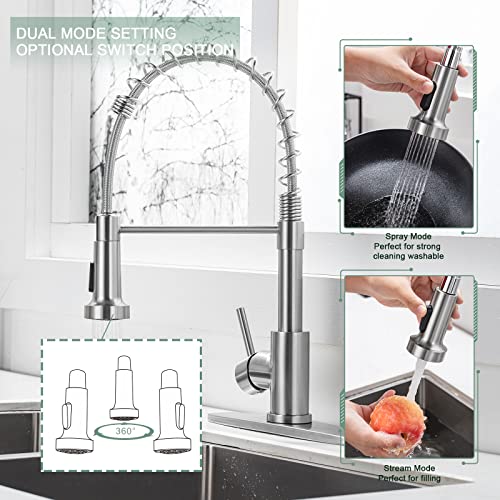 WEWE Kitchen Faucets, Brushed Nickel Kitchen Faucet with Pull Down Sprayer, Industrial Spring Single Handle Stainless Steel Kitchen Sink Faucet with Deck Plate, 1 Hole or 3 Hole for Laundry Rv - Image 3