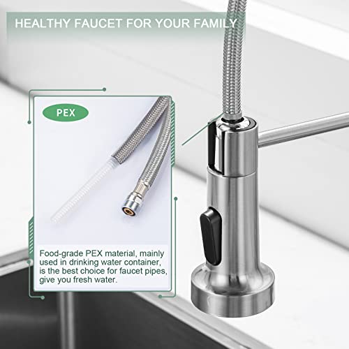 WEWE Kitchen Faucets, Brushed Nickel Kitchen Faucet with Pull Down Sprayer, Industrial Spring Single Handle Stainless Steel Kitchen Sink Faucet with Deck Plate, 1 Hole or 3 Hole for Laundry Rv - Image 5