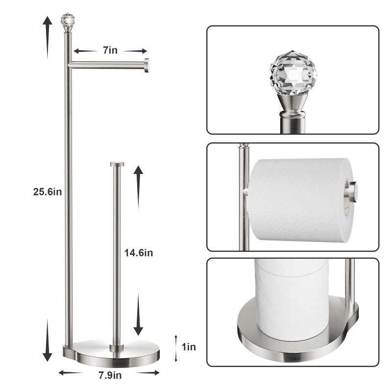 KASUNTO Toilet Paper Holder for Bathroom, Heavy Weighted Metal Free Standing Toilet Paper Storage with Crystal Ball, Toilet Paper Stand for Bathroom Accessories, Brushed Nickel [Holds MEGA Rolls] - Image 2